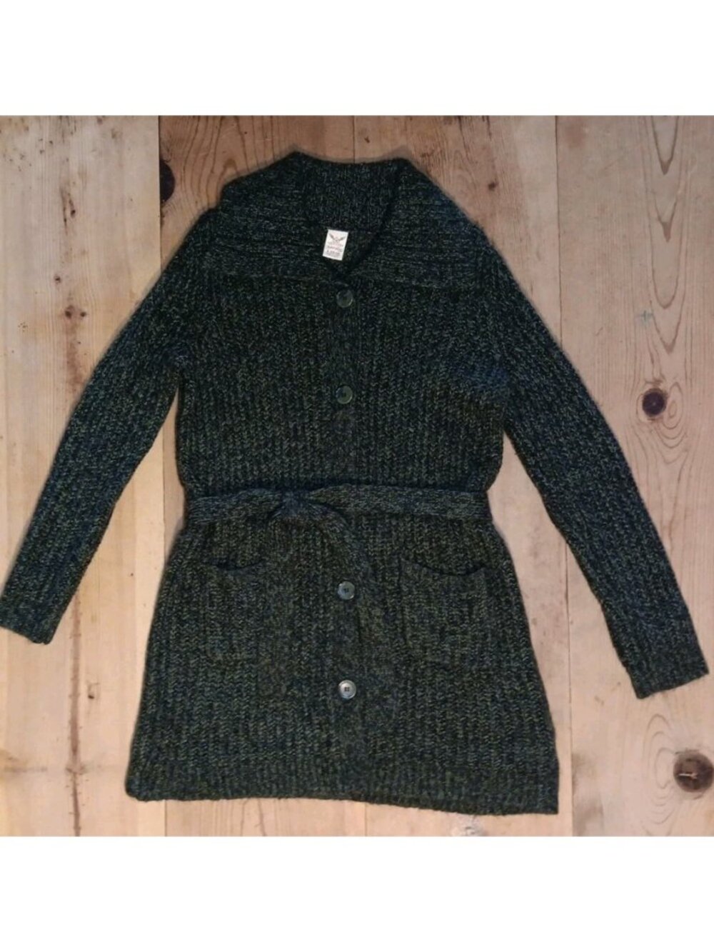 Vtg Faded Glory Womens L Chunky Knit Cardigan Marled Green Long Sleeve Mid Thigh
